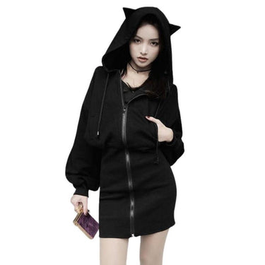 Gothic Cat Ears Zipped Women's Hoodie Long Sleeve Cute Women's Coat Fleece Punk Emo Hooded Rock Cyber Kitten Kawaii Harajuku Mall Goth from NSE Imports #1.